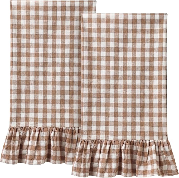 HunnmingRe 2 Pcs Taupe Gingham Kitchen Towels Cotton Ruffled | Checked Dish Towels 18"x28" Tea Cloths Plaid Cottage Core Kitchen Decor for Farmhouse Charm Drying Dishes Entertaining Guests
