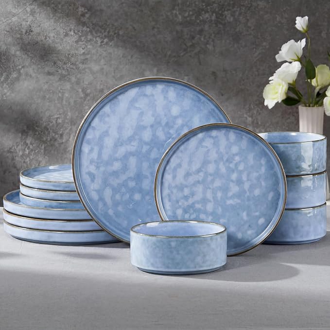 E-far Stoneware Dinnerware Set, 12-Piece Plates and Bowls Sets for 4 | Modern Dishes for Kitchen Dining, Reactive Glazing Ripple Design, Chip Resistant, Microwave & Dishwasher Safe, Reactive Blue