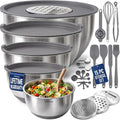 Stainless Steel Mixing Bowls with Lids Set, Metal Nesting Bowls with Airtight Lids, Graters, Non-Slip Base & Measurement Marks, Includes Utensil Set for Prep, Baking & Storage, Grey