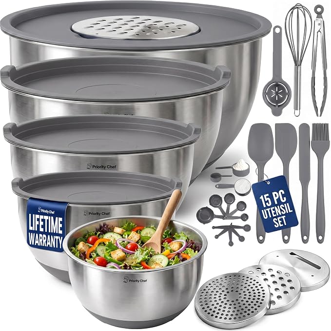 Stainless Steel Mixing Bowls with Lids Set, Metal Nesting Bowls with Airtight Lids, Graters, Non-Slip Base & Measurement Marks, Includes Utensil Set for Prep, Baking & Storage, Grey