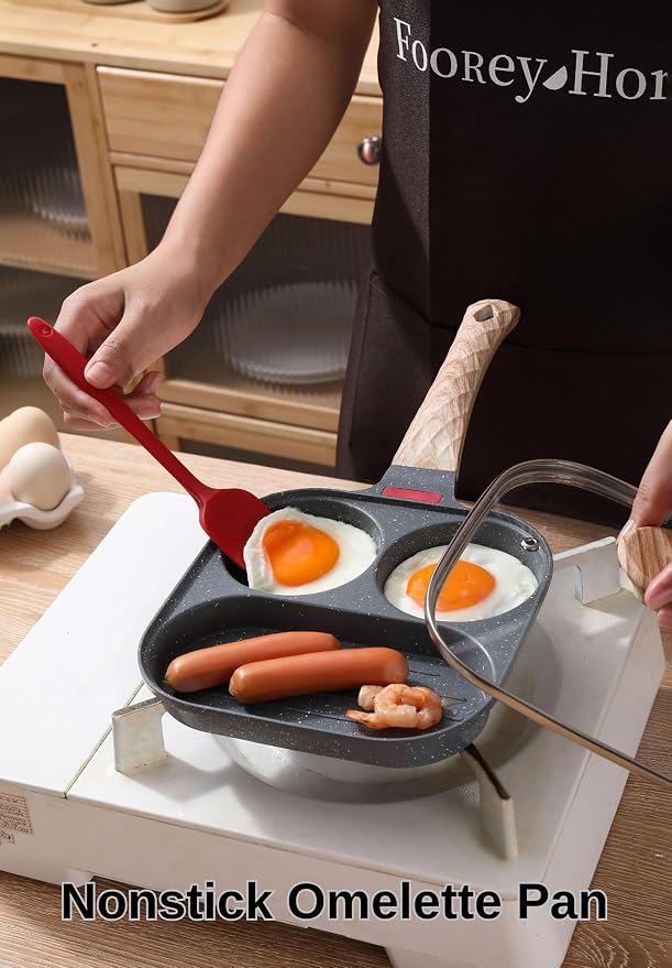 Egg Pan with Lid 3 Cup Nonstick Egg Frying Pan Omelette Skillet | Aluminum Omelet Pan with Glass Lid and Spatula, and Silicone Brush. Works for Breakfast Eggs, Bacon, and Mini Pancakes.