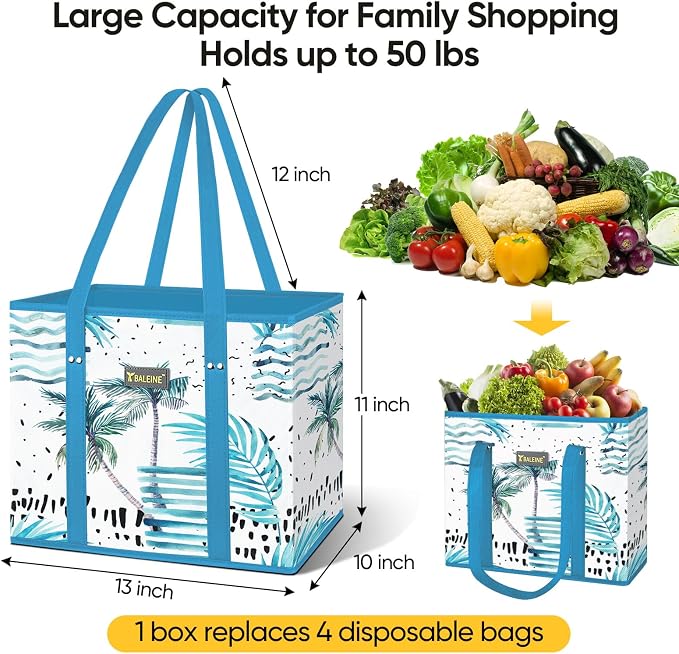 BALEINE 3PK Reusable Grocery Bags, Heavy Duty Shopping Tote Bag | 12'' Long Handles, Reinforced Bottom Keeps Upright, Fold Flat Storage, Water-Resistant Shopping Bag, Multiple Color Options