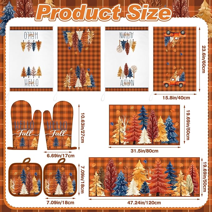 Fourluoo 10 Pcs Fall Maple Trees Kitchen Decor Set Towels Rugs Oven Mitts and Pot Holders Autumn Kitchen Accessories Set for Cooking Baking Grilling Housewarming Gift