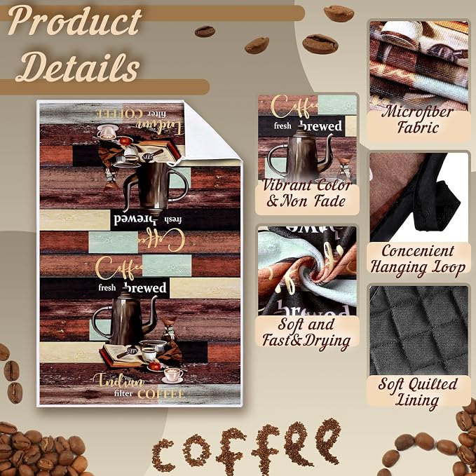 Jingmore 6 Pcs Kitchen Decor Set Accessorie Farmhouse Kitchen Towels Pot Holders Oven Mitts Set 2 Dish Towels 2 Pot Holders 2 Cooking Mittens Oven Glove for Cooking(Dark Brown,Coffee)
