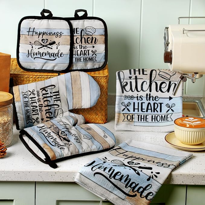 Sratte 6 Pcs Kitchen Decor Accessories Set, Kitchen, Brown Green | Farmhouse Kitchen Towels Pot Holders Oven Mitts Set 2 Dish Towels 2 Potholders 2 Cooking Mittens for Baking Cooking Supply