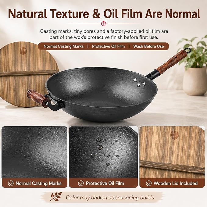 WANGYUANJI 14.2 Inch Cast Iron Wok with Wooden Lid & Handle, Flat Bottom Stir Fry Wok Pan, Turtle-Pattern Textured Uncoated Large Wok Skillet for Induction, Gas & Electric (Seasoning Required) | Uncoated cast iron wok with wood lid for induction, gas a...