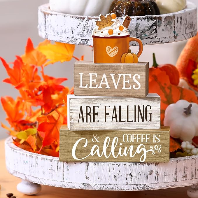Lineshading 4 Pcs Fall Coffee Table Decor Wooden Pumpkin Latte Block Signs | Rustic Farmhouse Tiered Tray Decor, Thanksgiving Home Decorations, Pumpkin Mug Topper, Fall Coffee Bar Shelf Signs