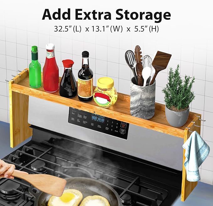 IIIOIIIA Bamboo Over the Stove Spice Shelf for Kitchen, 31.5" Spice Rack Organizer Shelf with 6 hooks, 11.4" Height Extra Storage Countertop, Easy to Assemble