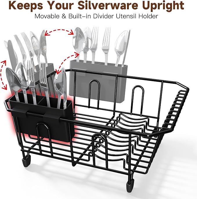JASIWAY in Sink Dish Drying Rack, Stainless Steel Small Black Dish Drainer | Perfect Fit 12"x14" Double Bowl Sink, Counter Space Saving for Kitchen, Apartment, Sturdy Dish Dryer with Utensil Holder