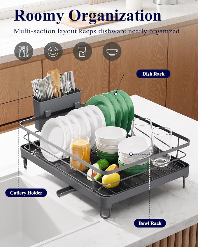 Kitsure Dish Drying Rack for Kitchen Counter, 12.7''W x 16.7''L, Grey | Stainless Steel Sink Organization, Cutlery Holder, Home and Appartment Decor