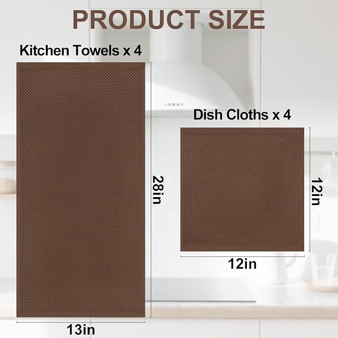Homaxy 8 Pack 100% Cotton Kitchen Towels and Dishcloths Set, Coffee | 12 x 12 Inches and 13 x 28 Inches Kitchen Towels Set, Ultra Soft Absorbent Dish Cloths for Washing Dishes