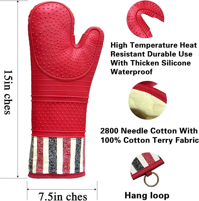 Heat Resistant 550 Degree Oven mitt, Silicone Oven Hot Mitts - 1 Pair | Extra Long Professional Baking Oven Gloves - Food Safe,Pot Holders Cooking,Grilling,Kitchen (Red Mittens)