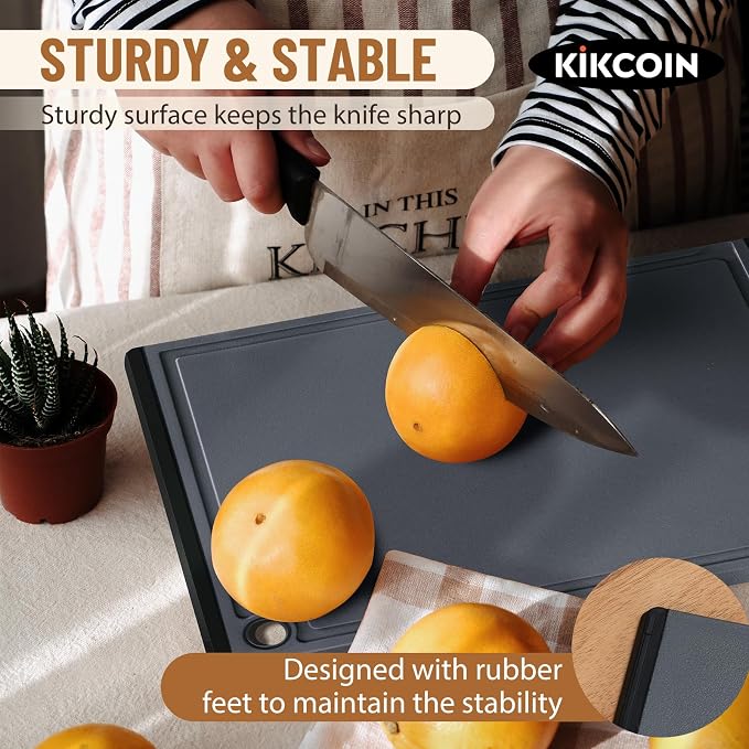 Kikcoin Plastic Cutting Boards for Kitchen, 3-Piece Large Cutting Board Set Dishwasher Safe Chopping Boards with Non-slip Feet and Juice Grooves, Gray