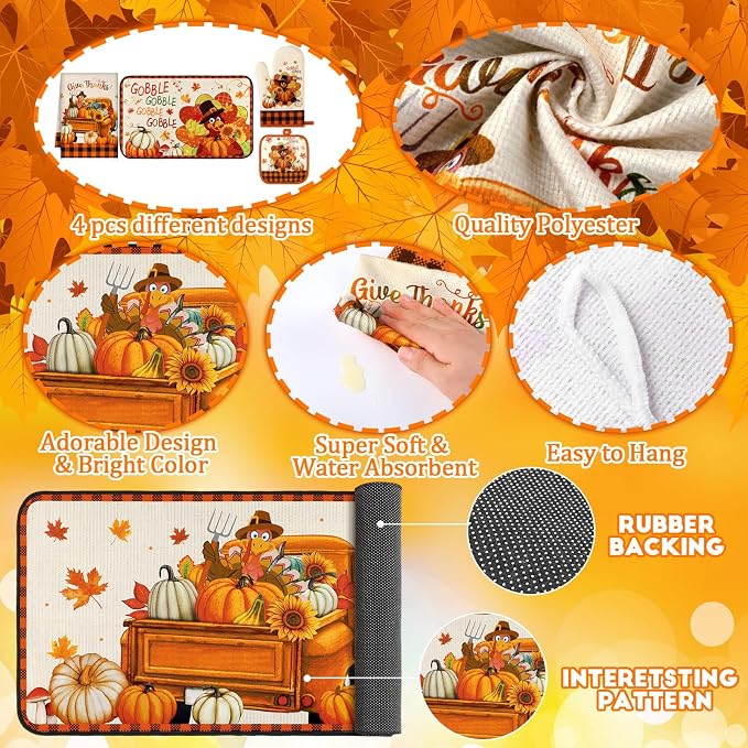 Fanfanwin 10 Pcs Fall Thanksgiving Turkey Kitchen Decor Set Kitchen Towels Pot Holders Oven Mitts and Rugs Set Thanksgiving Towels for Baking Cooking BBQ Autumn Home
