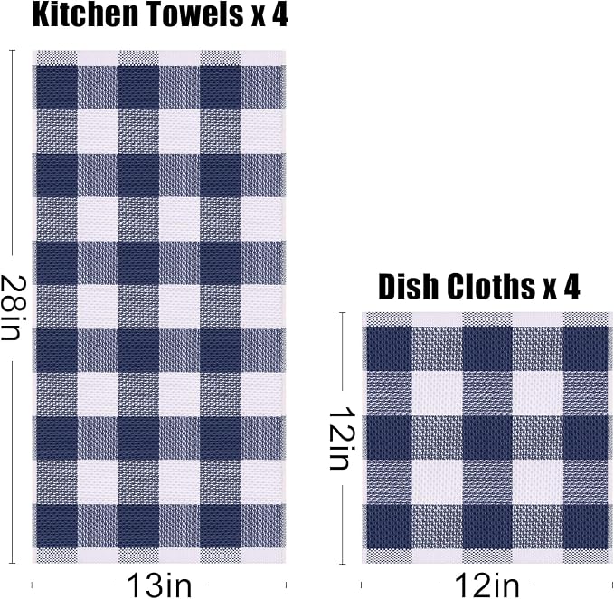 Homaxy Kitchen Towels and Dishcloths Set, Set of 10, White & Navy Blue | Bulk Cotton Waffle Weave Check Plaid Kitchen Towels, Super Soft and Absorbent Dish Cloths, 12 x 12 and 13 x 28 Inches