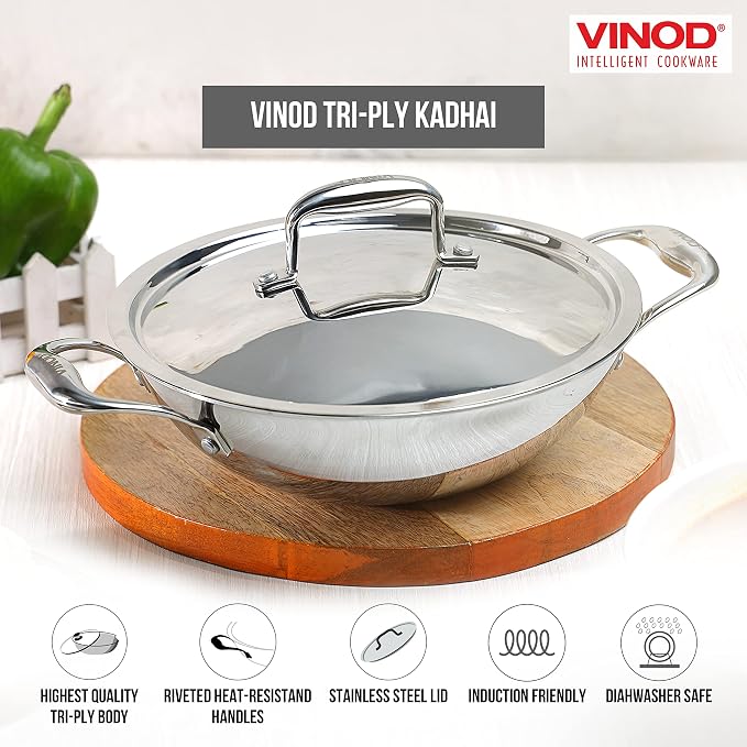Vinod Platinum Triply Kadai with Lid, 28cm, 3.7 Litre, for Home Kitchen | Stainless Steel Wok For Indian Cooking; Durable Tri-Ply Construction, Induction And Gas Compatible