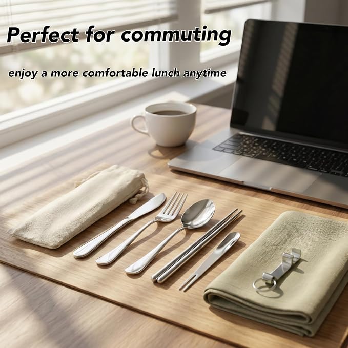 6 Pcs Portable Utensils Set Case Stainless Steel Travel Cutlery Flatware | Portable Cutlery Set, Fork Knife Spoon Chopsticks Silverware for Lunch Box Travel Camping Picnic, Dishwasher Safe Easy Clean