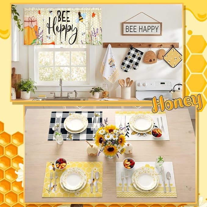 16 Pcs Honey Bee Kitchen Decor and Accessories Set 4 Yellow Kitchen Towel 4 Bee Placemat 2 Non Slip Rug and Mat Set for Floor 2 Oven Mitt Glove 2 Pot Holder 2 Curtain for Home Decor Mom Cooking Gift