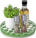 Green and White Checkerboard Lazy Susan with Rubberwood Base and Metal Rail | Smooth rotating oak tray with walnut finish for dining tables, kitchen counters, pantries and cabinet storage.