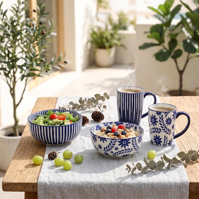 Ceramic Soup Bowls, 28 Ounces Cereal Bowls for Oatmeal, Dessert and Pasta, Japanese Style Large Rice Bowls Set of 6, Prefect for Kitchen,Gift, Dishwasher & Microwave Safe, Vintage Blue