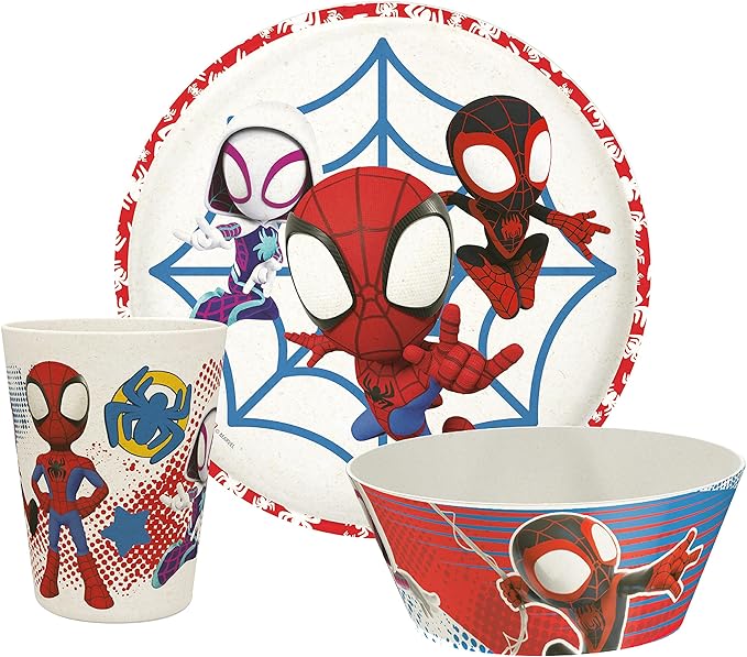 Zak Designs Marvel Spider-Man Dinnerware Set for Kids Includes 8" Plate, 6" Bowl, and 10oz Tumbler, Durable and Sustainable Melamine Bamboo Material (3-Piece Set, Spidey and His Amazing Friends)
