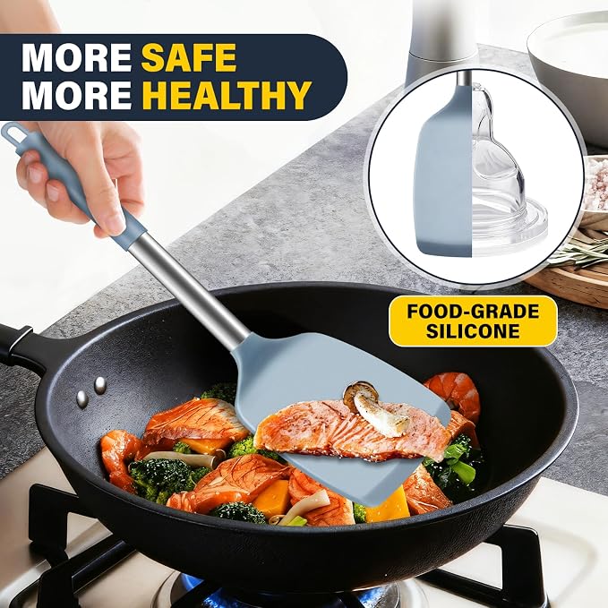 2 Pack Silicone Spatula Set, Solid & Slotted Turner for Non-Stick Pans, High Heat Resistant Silicone Spatula for Cooking, BPA-Free Stainless Steel Cooking Utensils for Fish, Eggs, Pancakes, Blue