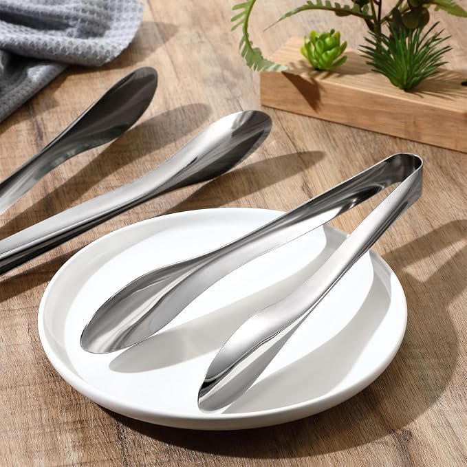 3 Pack Polished Stainless Steel Serving Tongs 6, 9 and 12 Inch Metal Food Silver Tong for Buffet Salad BBQ Grilling Heavy Duty Kitchen Utensils for Cooking Catering Wedding Party