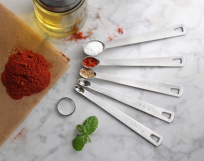 New Star Foodservice 42924 Stainless Steel Mini Measuring Spoons Set, 5-Piece Small Metal Measuring Spoon Set for Spices, Baking, Cooking, Dash, Pinch, Smidgen, Drop, Tad, Silver