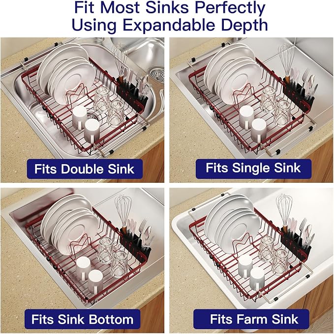 Red Dish Drying Rack Over The Sink with Utensil Holder | Expandable Stainless Steel Dish Drainer for Small Kitchen, Apartment, RV, Counter Space Saving, Perfect Fit, Rustproof