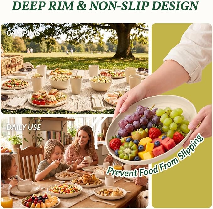 28 PCS Plastic Plates and Bowls Sets for 4 Unbreakable Wheat Straw Dinnerware Sets for Dorm, Camping, RV, Party, Travel Lightweight Utensils Kitchen Microwave & Dishwasher Safe(Beige)