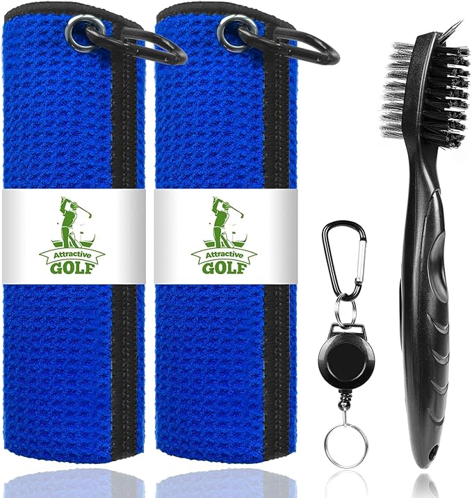 2 Pack Golf Towels with Club Brush, Microfiber Waffle Cleaning Set | Waffle pattern microfiber for strong water absorption, cleans clubs & balls, 2 towels + 1 brush, ideal for golfers