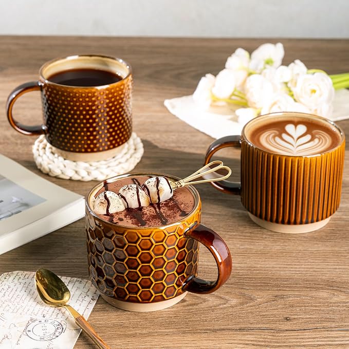 GBhome 12 OZ Stackable Coffee Mugs Set of 4, Ceramic Coffee Cups Set | 4 Assorted Designs, Embossed Mugs with Texture Patterns for Tea/Coffee, Dishwasher&Microwave Safe, Caramel