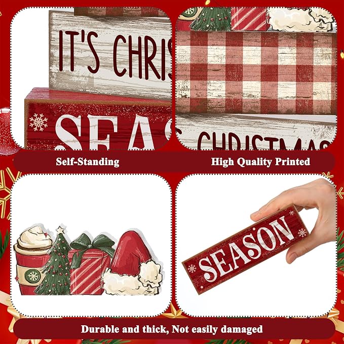 Lineshading 4 Pcs Christmas Table Decoration Wooden Hot Cocoa Santa Hat | Buffalo Plaid Stacked Design, Rustic Tabletop Signs for Mantel Shelf, Season Theme Wooden Blocks, Farmhouse Holiday Gift