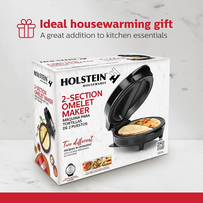Holstein Housewares Stainless Steel 2 Section Omelet & Frittata Maker, Non Stick Coating, Easy To Clean, Indicator Lights, Compact Storage, Prepare Versatile Recipes in Minutes. 2 Portions, Black
