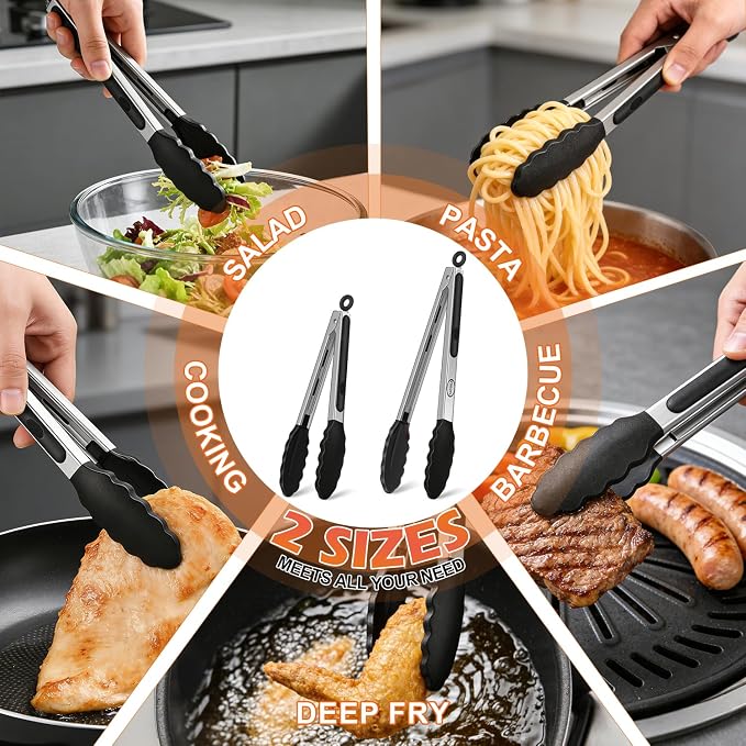 Stainless Steel Kitchen Tongs with Silicone Tips, Locking Grilling Food Tongs, 9" and 12", Set of 2 Black