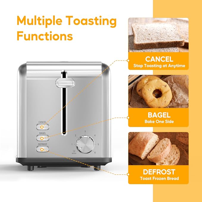 HealSmart 2-Slice Stainless Steel Toaster, 6 Browning Setting and 3 Function Toaster, Extra Wide Slot & Removable Crumb Tray, for Bread & Waffle, Silver
