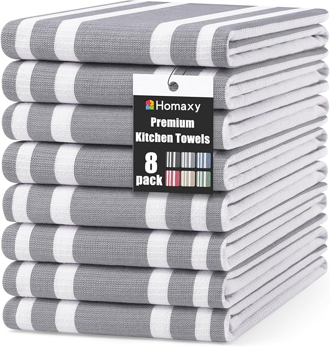 Homaxy Premium Cotton Stripe Kitchen Towels 8 Pack, 18"x 28", Grey | Large 380 GSM Kitchen Hand Towels, Soft Terry Dish Towels, Highly Absorbent Tea Towel Set with Hanging Loop