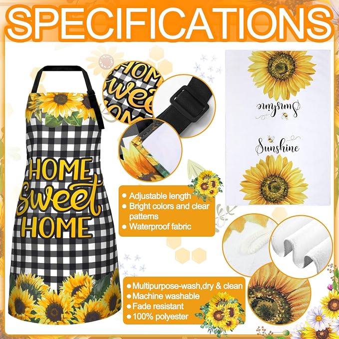 13 Pcs Sunflower Kitchen Set Sunshine Farmhouse Kitchen Decor Rustic Sunflower Dish Towels Retro Yellow Apron Oven Mitts and Pot Holders with Cute Wooden Tableware Set for Home