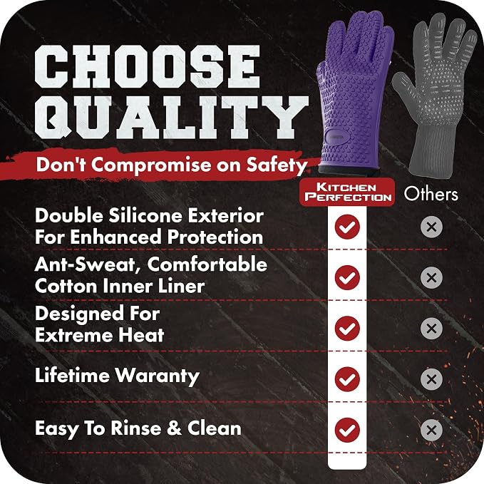 KITCHEN PERFECTION XL Silicone Smoker BBQ Gloves -Heat Resistant Oven Mitts | Waterproof, 5-Finger Design For A Better Grip, for Pitmasters, Meat Smoking, Grilling, Cooking, Frying Turkey | Grill Gift