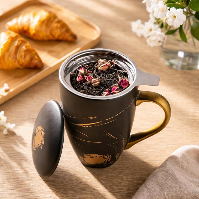 AmorArc Tea Cup With Infuser and Lid, 18oz Loose Leaf Tea Mug With Steeper | Porcelain Tea Mug With Infuser and Lid, Large Strainer Tea Cup with Lid for Tea, Coffee Mug for House-warming Birthday Gift