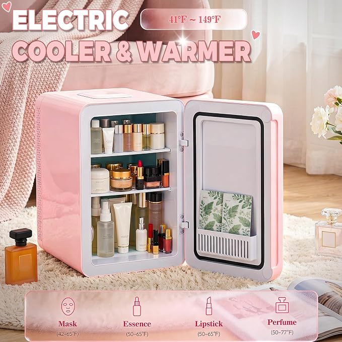 Kikihouse 16L/20L Skincare Fridge with LED Mirror, Small Fridge for Makeup | Portable Skin Care Fridge for Beauty, Cosmetics, Personal Mini Refrigerator for Food, Office, Dorm, Car, Cooler & Warmer