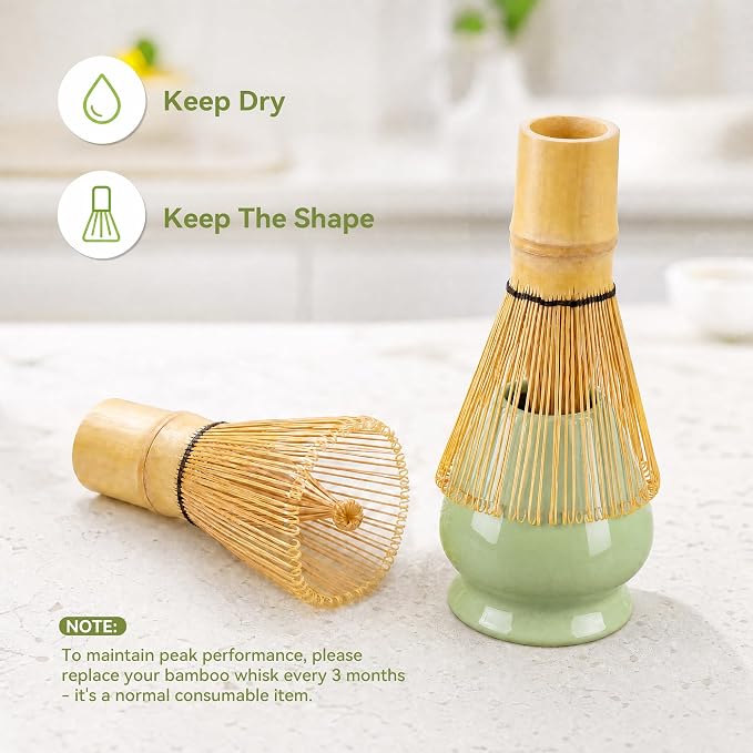 Matcha Whisk Set with Ceramic Bowl - Complete Matcha Making Kit, Bamboo Whisk (Chasen), Whisk Holder, Matcha Powder Sifter, Scoop, Japanese Tea Ceremony Tools（Green）