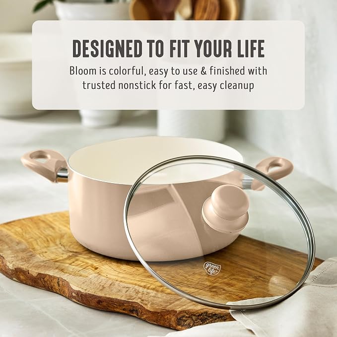 GreenLife 5QT Ceramic Nonstick Stockpot with Lid, Beige Taupe | PFAS-Free Nonstick Coating, Casserole Pot, Soup Pot, Pasta Pot, Induction Ready, All Stovetop Compatible, Dishwasher Safe