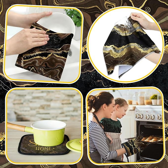 Leinuosen Brown and Gold Marble 8 Pcs Kitchen Towels and Dishcloths Sets Oven Mitts and Pot Holders Absorbent Kitchen Gloves Potholders Heat Resistant for Chef Baking Cooking