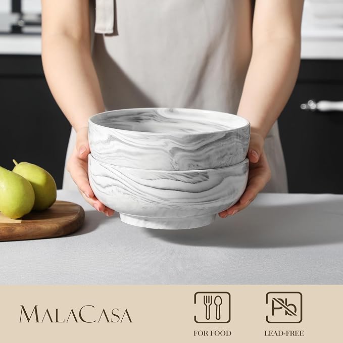 MALACASA Large Serving Bowls, 60 OZ (8") Ceramic Salad Bowls Set of 2 | Marble Grey Bowls for Kitchen, Soup, Pasta, Dinner, Porcelain Bowls Set for Entertaining, Microwave & Dishwasher Safe