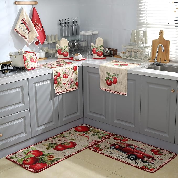 Fourluoo 10 Pcs Apple Farmhouse Kitchen Decor Set Dish Towels Kitchen Rugs Oven Mitts and Pot Holders Set for Cooking Baking Grilling Women Mom Daughter Gift (Fruit Color)