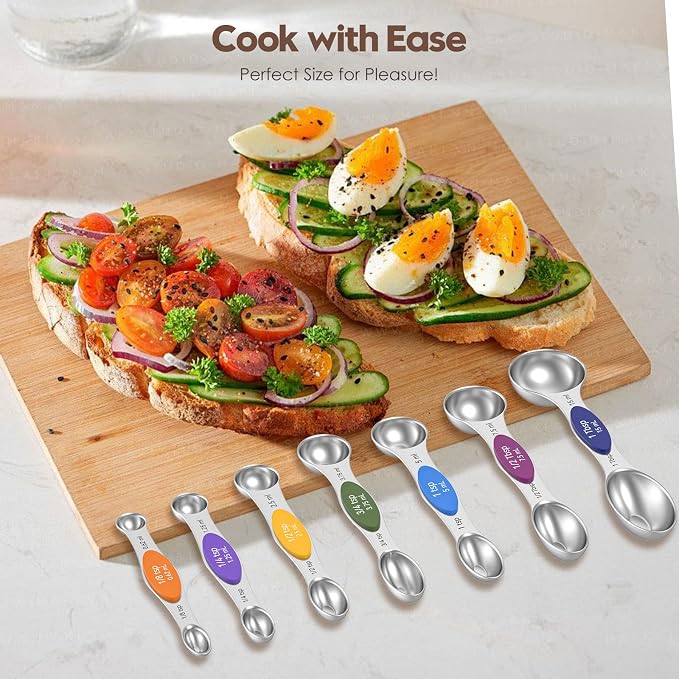Magnetic Measuring Spoons Set with Measurement Markings | Colorful | Heavy duty 304 stainless steel spoons with strong N52 magnets & triple measurement markings for easy nesting & cleaning.