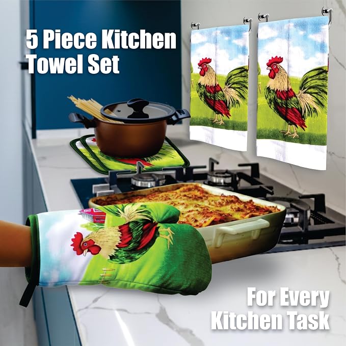Proud Rooster & Red Barn Motif, 5 Piece Set | Kitchen Towel Set with 2 Decorative Dish Towels (25 X15), 1 Oven Mitt (11 X 7) and 2 Potholders (6.5 X 6.5)