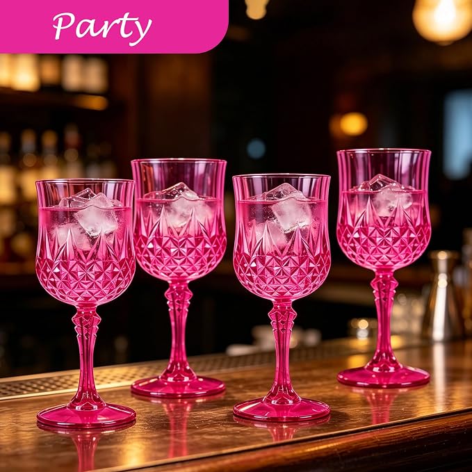 48Pack Plastic Wine Glasses, 7oz Vintage Goblets for Wedding | Unbreakable Crystal Style Reusable Stemware, Elegant Hot Pink Drinking Glass for Party Anniversary & Holiday Celebration