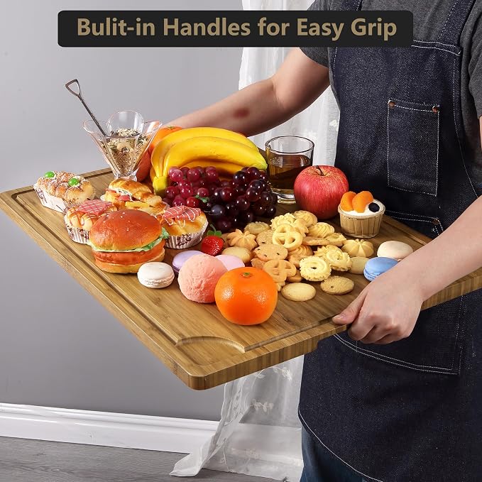 24x18 Inch Bamboo Cutting Boards for Kitchen, Extra Large Wood Chopping Board with Juice Groove and Handle, Revisible Butcher Block Charcuterie Serving Tray
